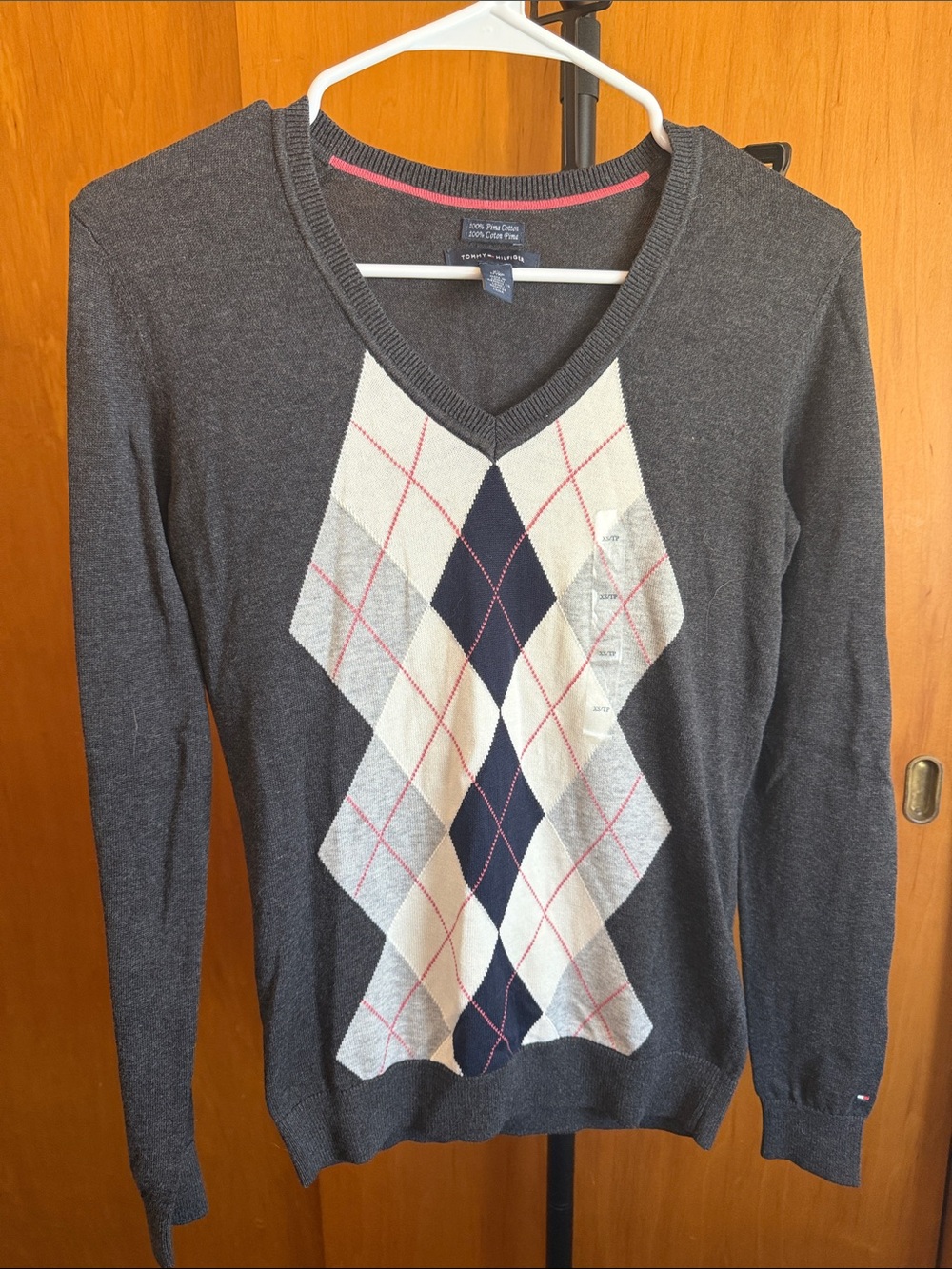 Tommy Hilfiger Charcoal Gray Argyle V-Neck Sweater with Cream & Navy